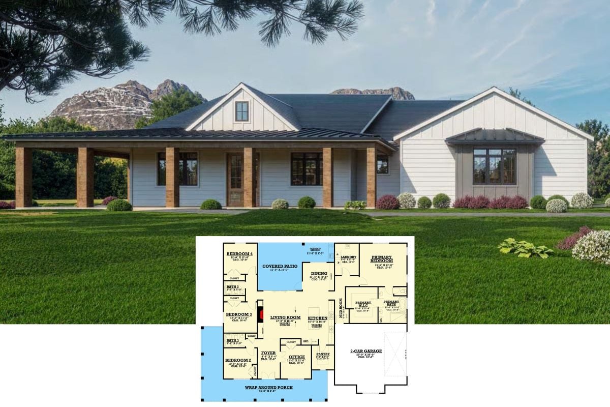 4-Bedroom Modern Farmhouse with Wraparound Porch and Covered Patio (Floor Plan)