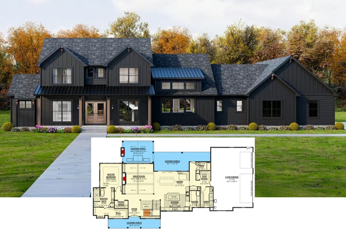 4-Bedroom Modern Farmhouse with Balcony and 3-Car Garage (Floor Plan)