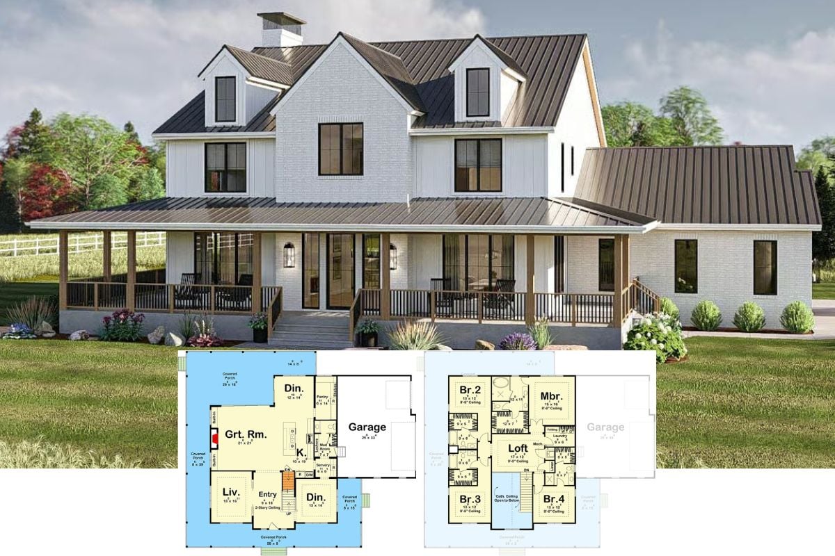 4-Bedroom Modern Farmhouse with Loft and Wraparound Porch (Floor Plan)