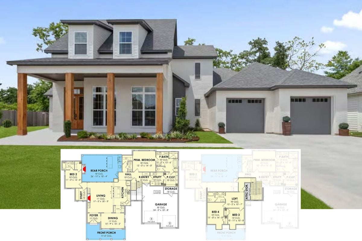 4-Bedroom Modern Farmhouse with Loft and Dual Porches (Floor Plan)