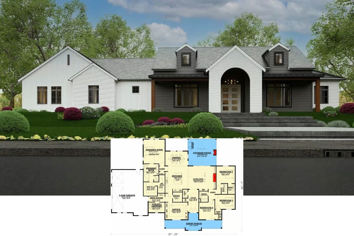 4-Bedroom Modern Farmhouse with Front Porch and Covered Patio (Floor Plan)