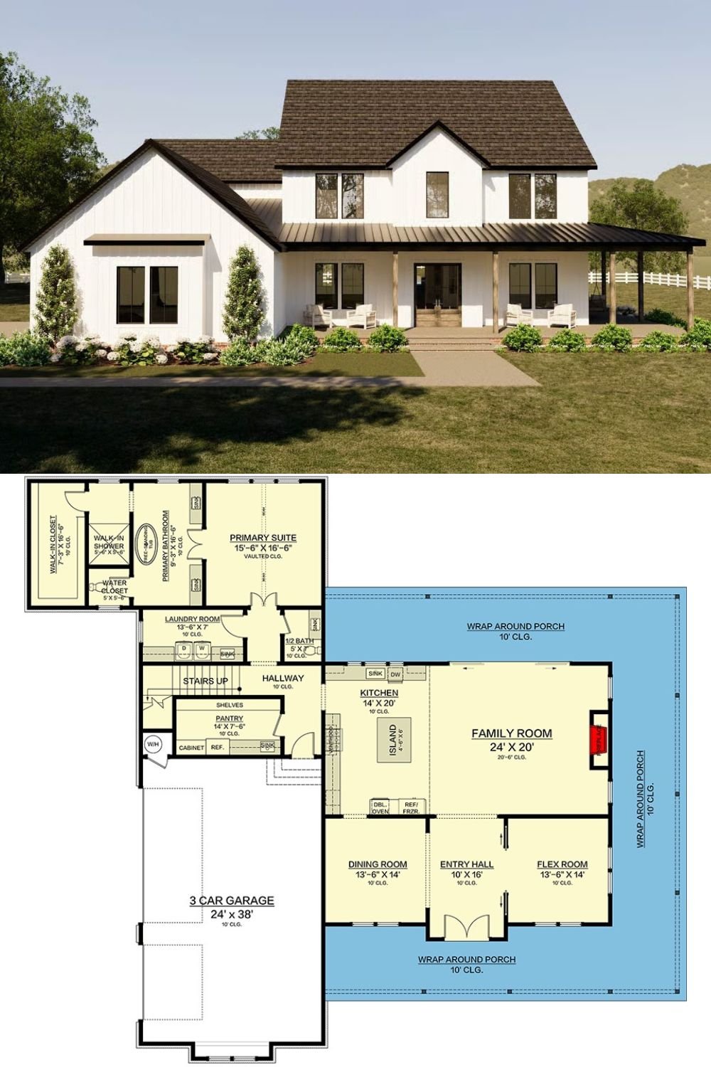 4-Bedroom Modern Farmhouse with Loft and Wraparound Porch (Floor Plan)