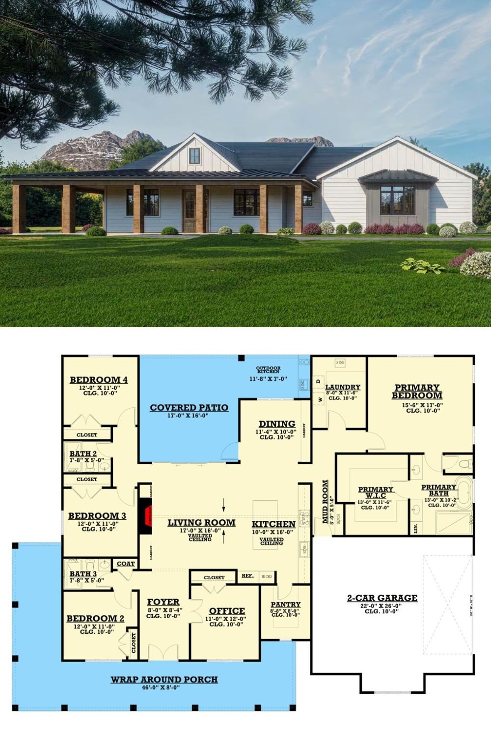 4-Bedroom Modern Farmhouse with Wraparound Porch and Covered Patio (Floor Plan)