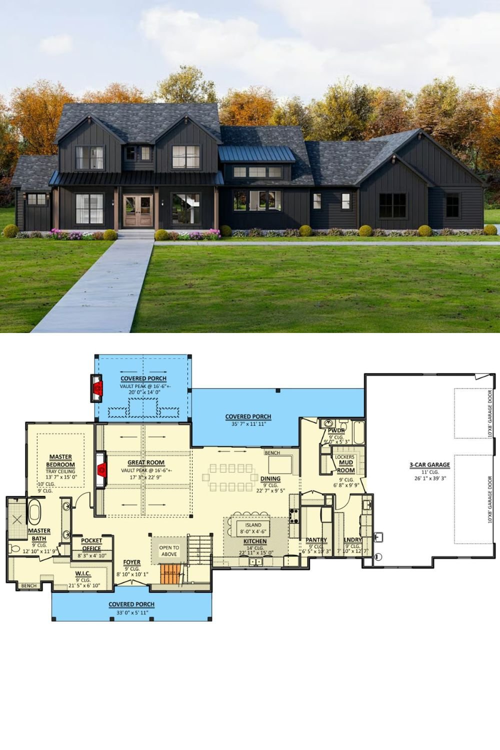 4-Bedroom Modern Farmhouse with Balcony and 3-Car Garage (Floor Plan)