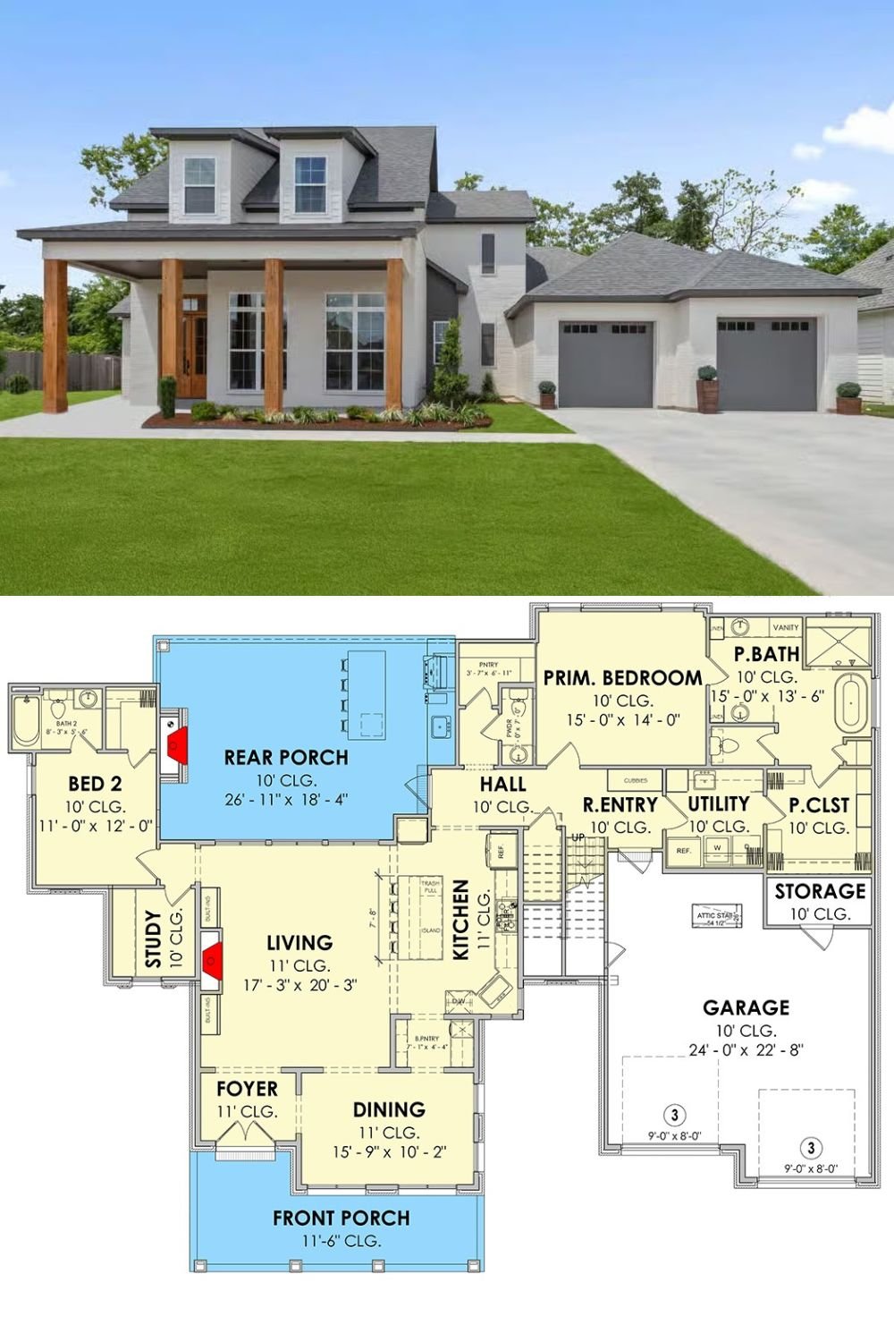 4-Bedroom Modern Farmhouse with Loft and Dual Porches (Floor Plan)