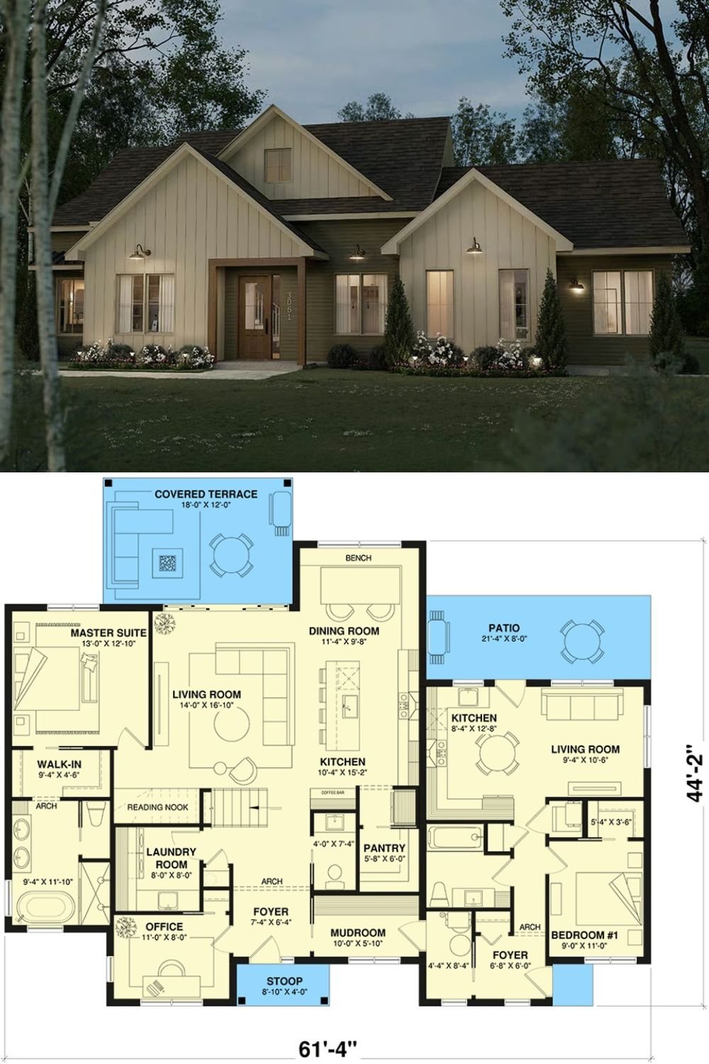 4-Bedroom Modern Farmhouse with Loft Space and In-Law Suite (Floor Plan)