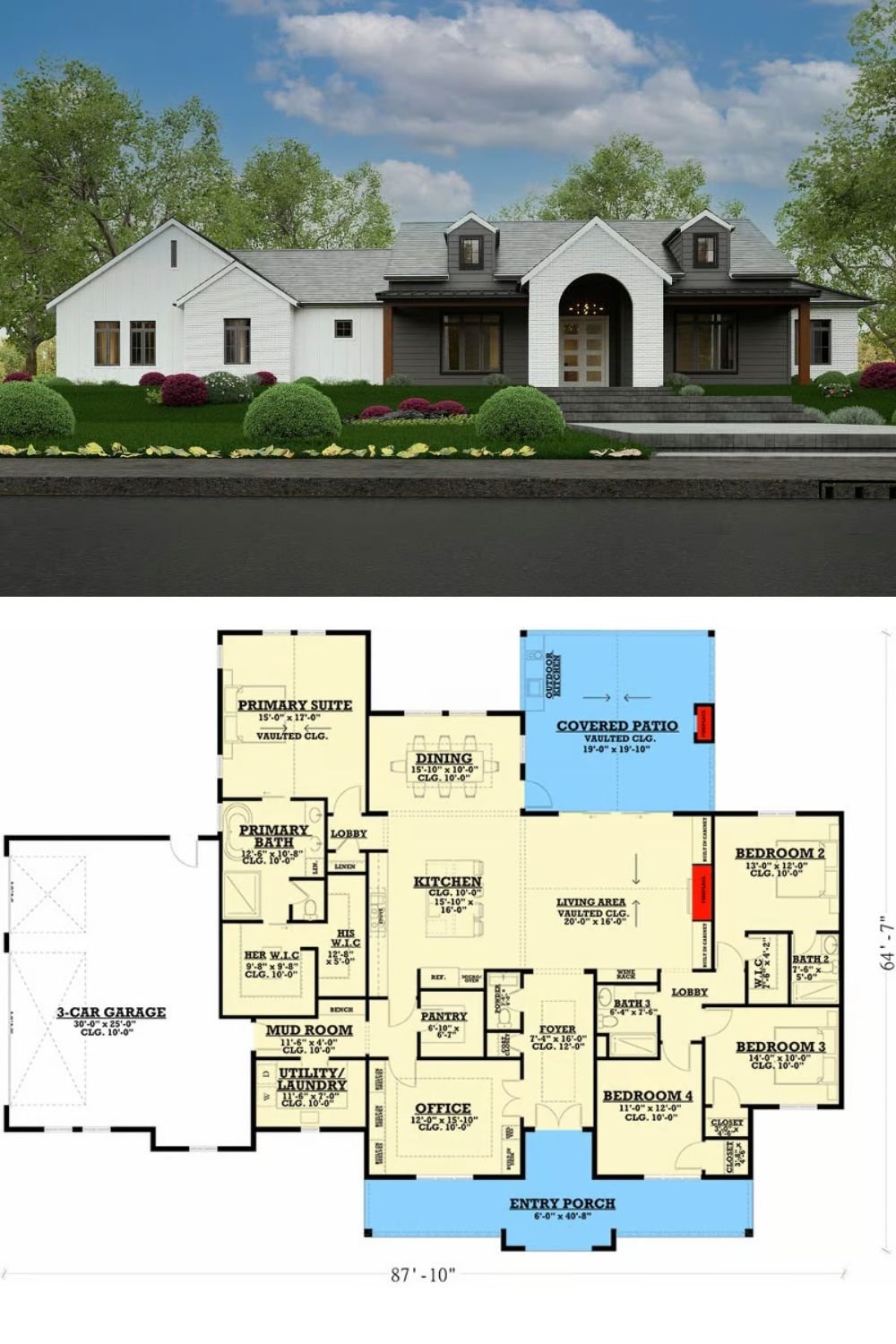4-Bedroom Modern Farmhouse with Front Porch and Covered Patio (Floor Plan)