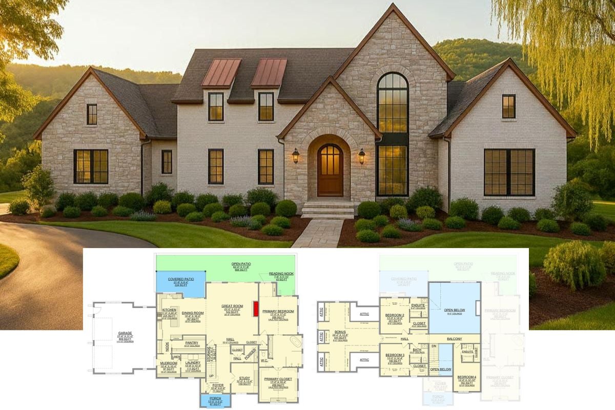 4-Bedroom New American Home with Balcony and Bonus Room (Floor Plan)