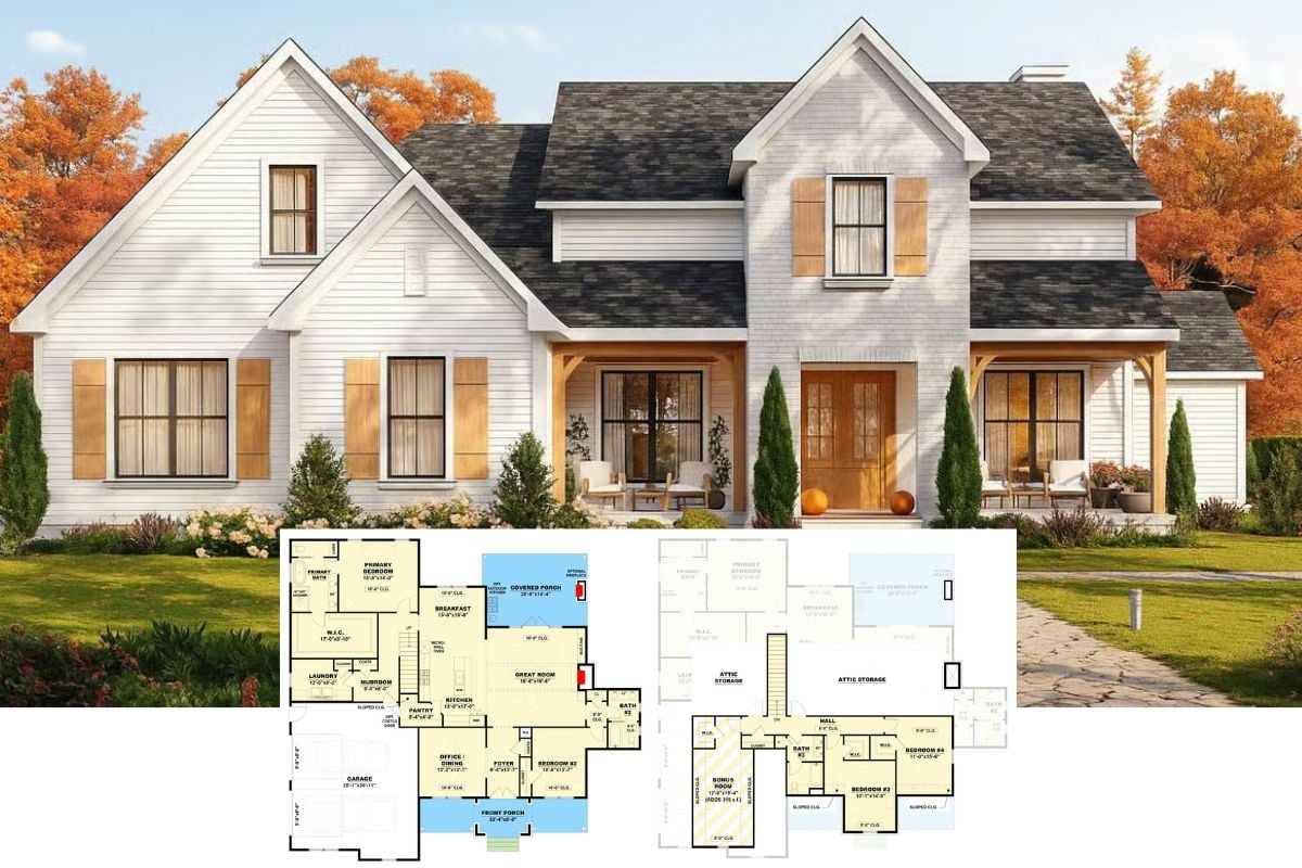 New American-Style 4-Bedroom with Open Living Space and Bonus Room (Floor Plan)