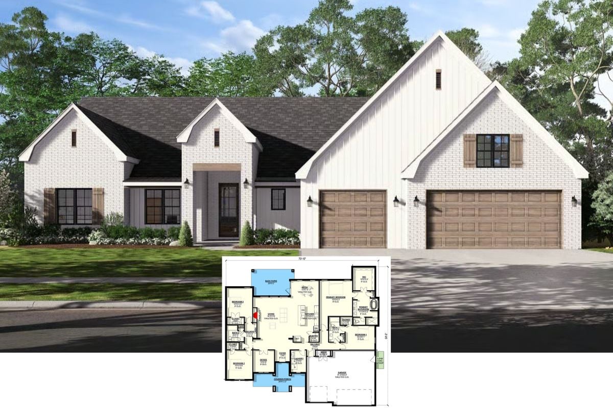 Southern 4-Bedroom French Country Home with Open Living Space and 3-Car Garage (Floor Plan)