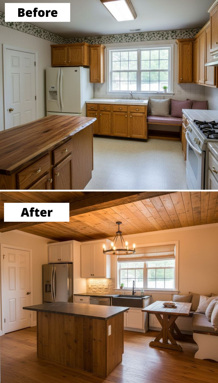 From Dated Country Kitchen to Warm Rustic Farmhouse Retreat
