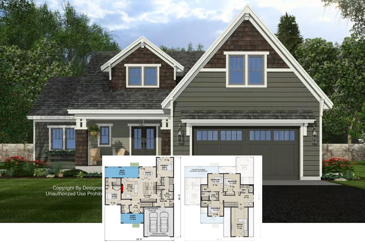 5-Bedroom Craftsman Home with Bonus Room and Loft (Floor Plan)