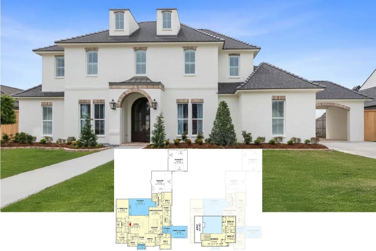 Grand 5-Bedroom French Country Modern Home with Bonus Room and 3-Car Rear Garage (Floor Plan)