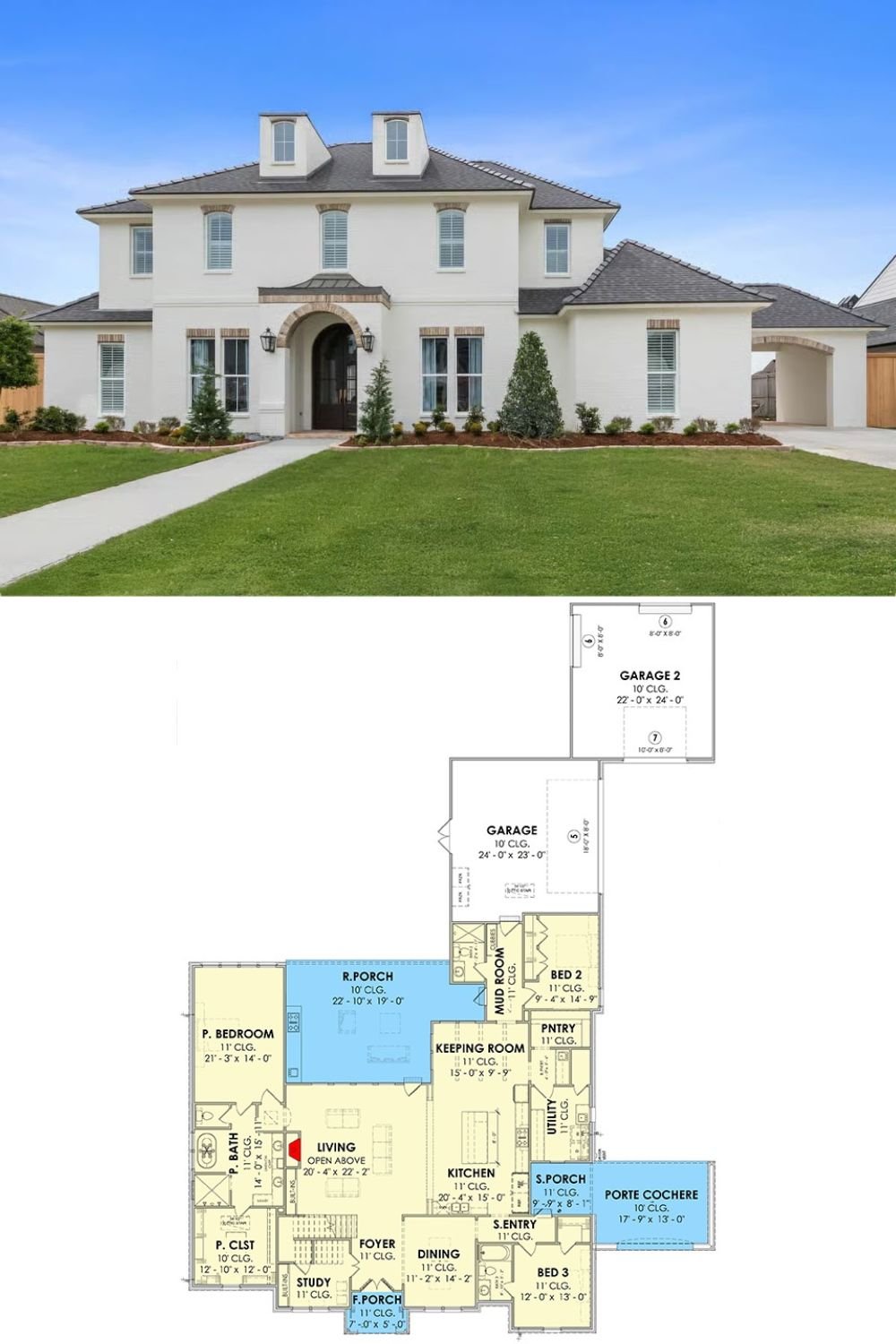 Grand 5-Bedroom French Country Modern Home with Bonus Room and 3-Car Rear Garage (Floor Plan)