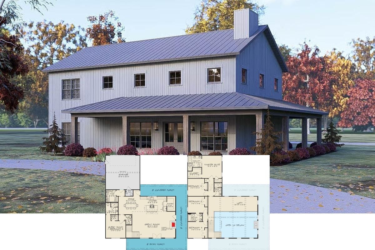 5-Bedroom Modern Barndominium with Wraparound Porch and Loft (Floor Plan)