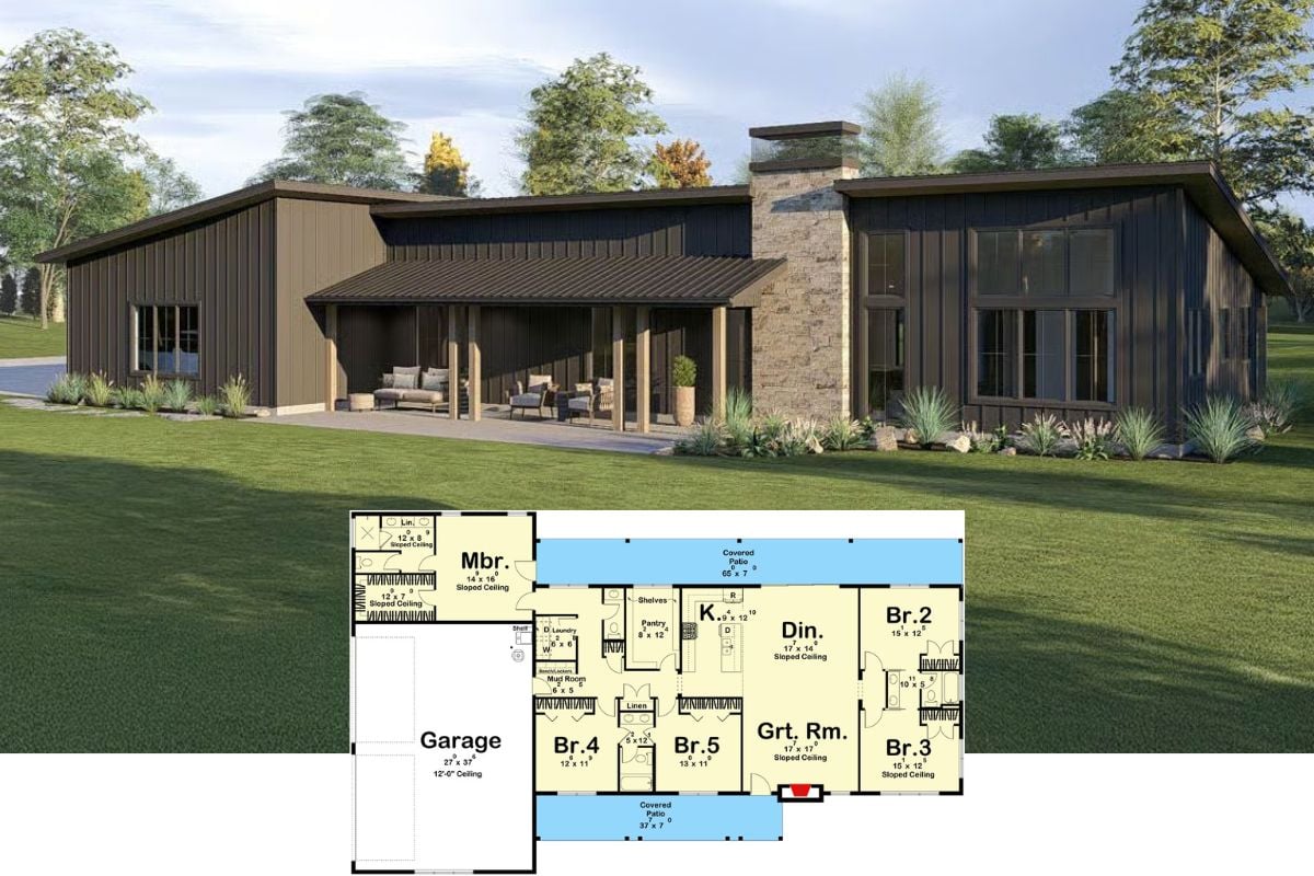 5-Bedroom Modern Barndominium with Jack & Jill Bath and 4-Car Garage (Floor Plan)