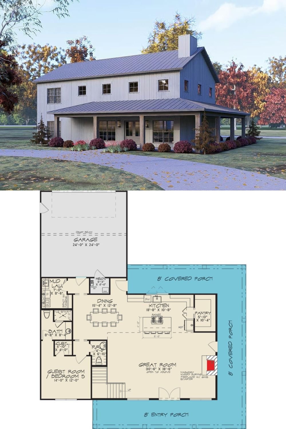 5-Bedroom Modern Barndominium with Wraparound Porch and Loft (Floor Plan)