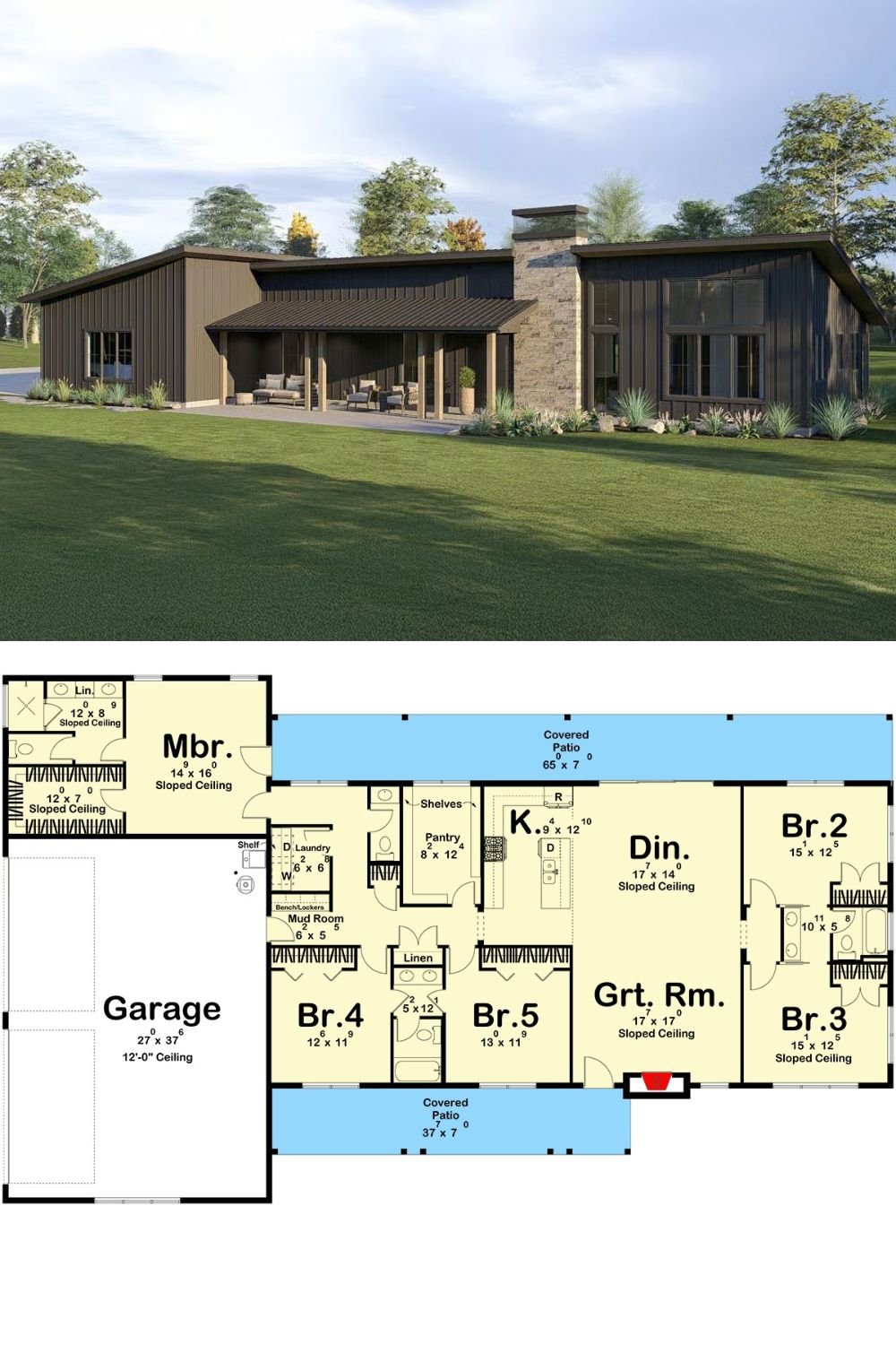 5-Bedroom Modern Barndominium with Jack & Jill Bath and 4-Car Garage (Floor Plan)