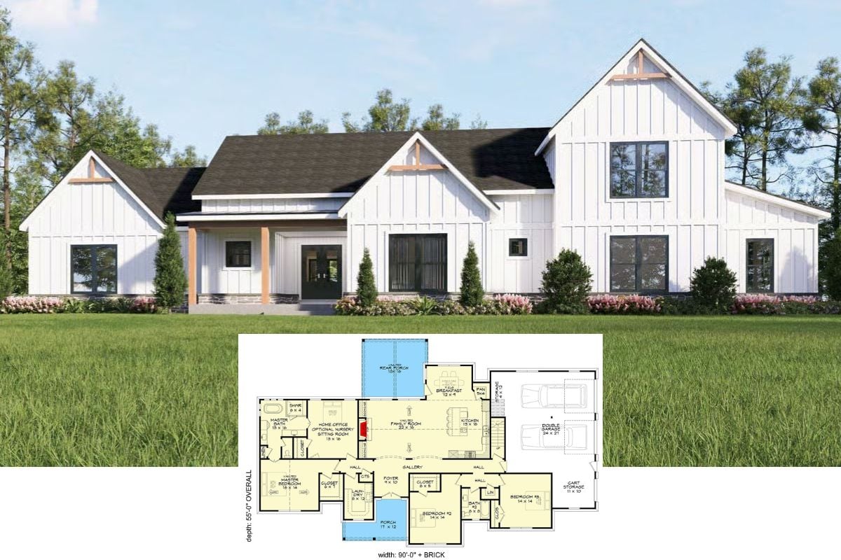 Modern Farmhouse-Style 5-Bedroom Home for a Corner Lot with Open Floor Plan (Floor Plan)