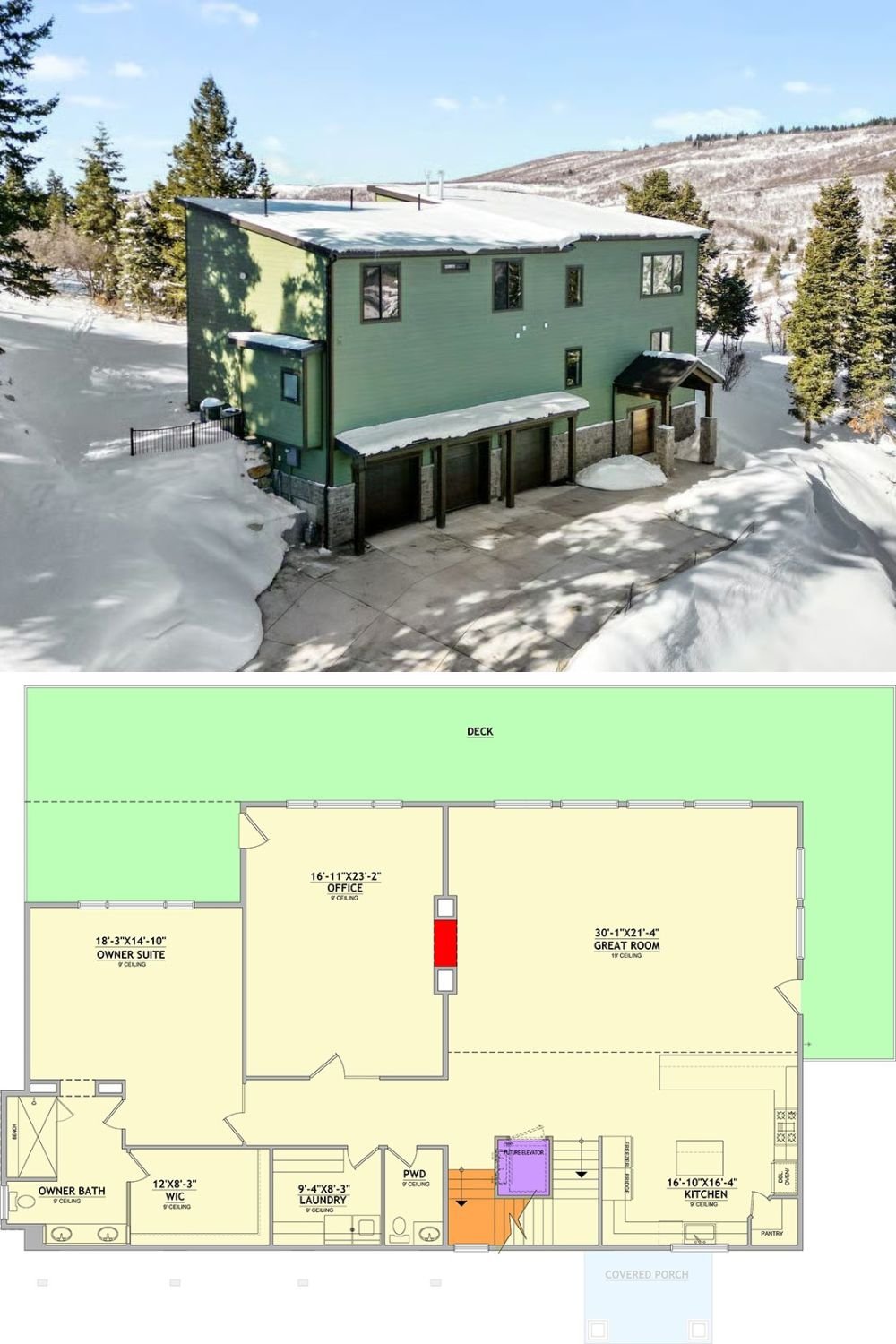 5-Bedroom Mountain Home for a Sloped Lot with Balcony Loft and Elevator (Floor Plan)