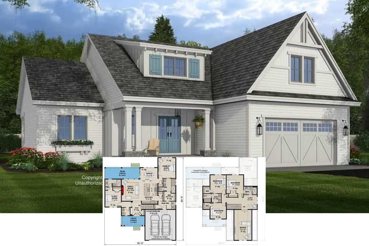 New American-Style 5-Bedroom Farmhouse with Loft and Bonus Room (Floor Plan)