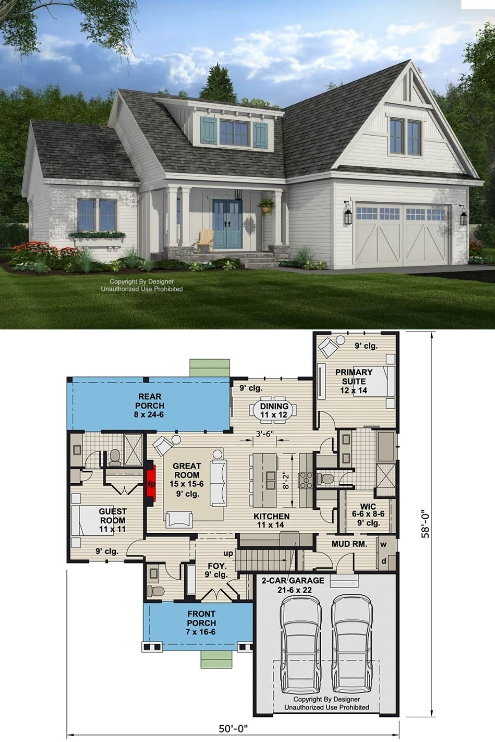 New American-Style 5-Bedroom Farmhouse with Loft and Bonus Room (Floor Plan)