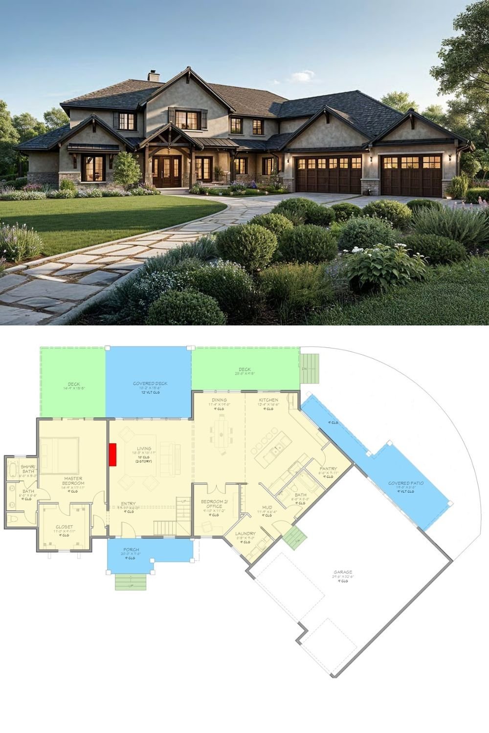 5-Bedroom New American Home with Balcony and Angled Garage (Floor Plan)