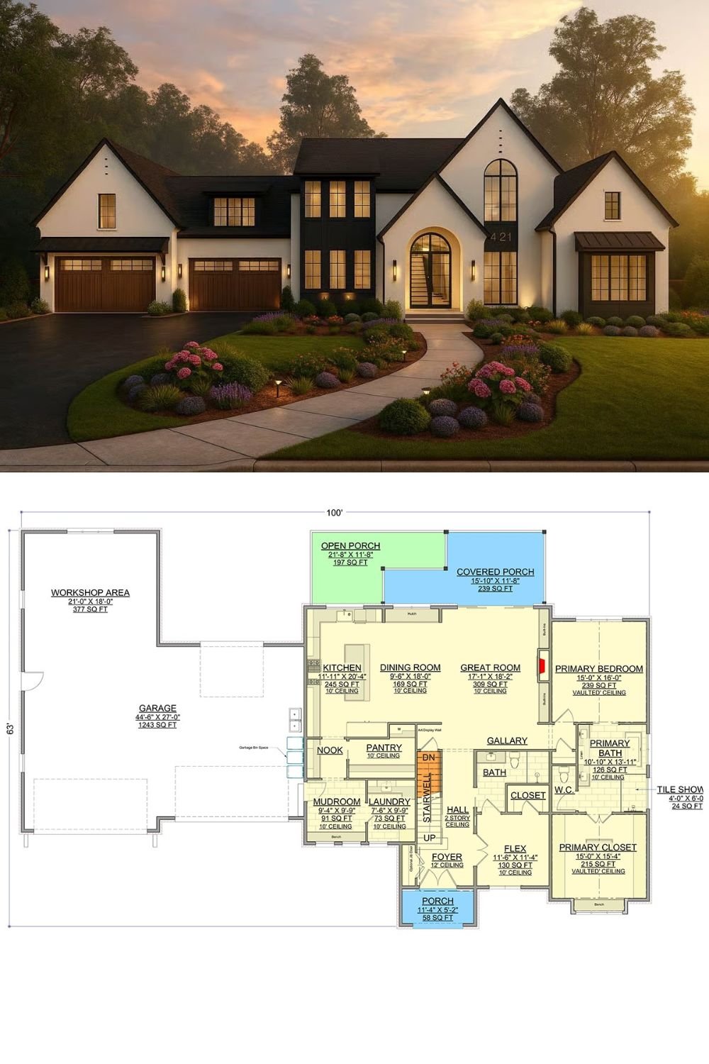 Transitional 5-Bedroom European Home with Loft and Flex Room (Floor Plan)