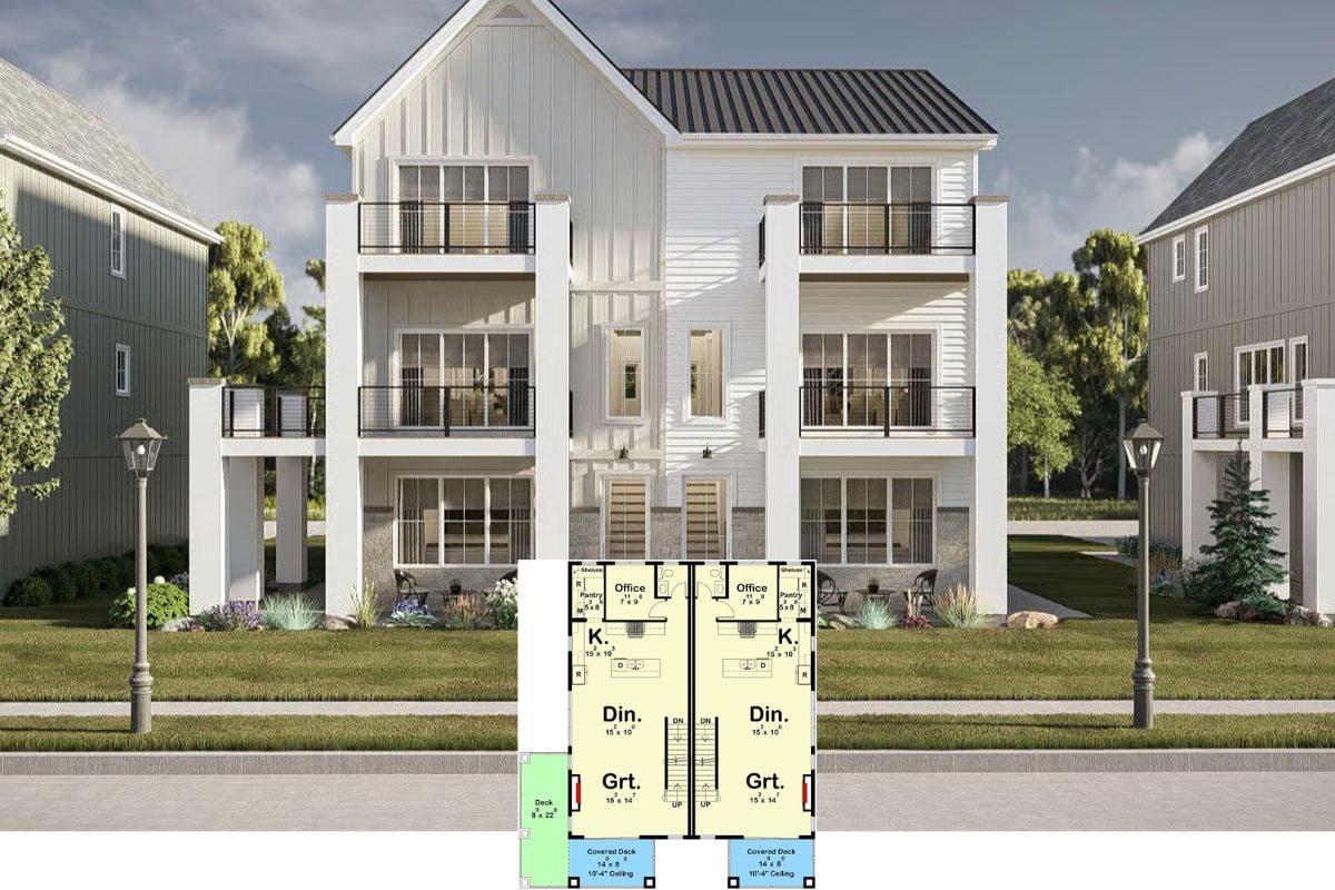 6-Bedroom Coastal Contemporary Duplex with Stacked Porches and Jack & Jill Bath (Floor Plan)