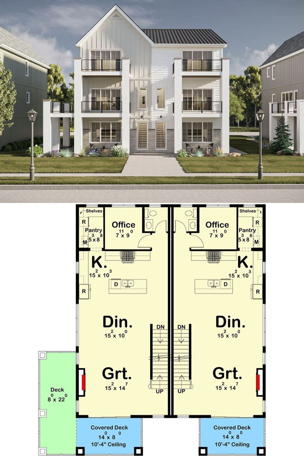 6-Bedroom Coastal Contemporary Duplex with Stacked Porches and Jack & Jill Bath (Floor Plan)