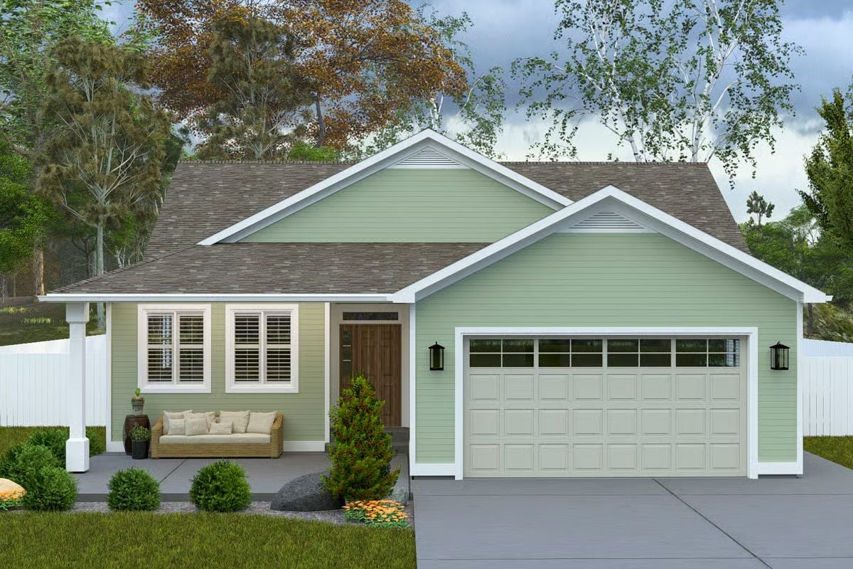 Craftsman-Style 3-Bedroom Ranch with Front Porch and Double Garage (Floor Plan)