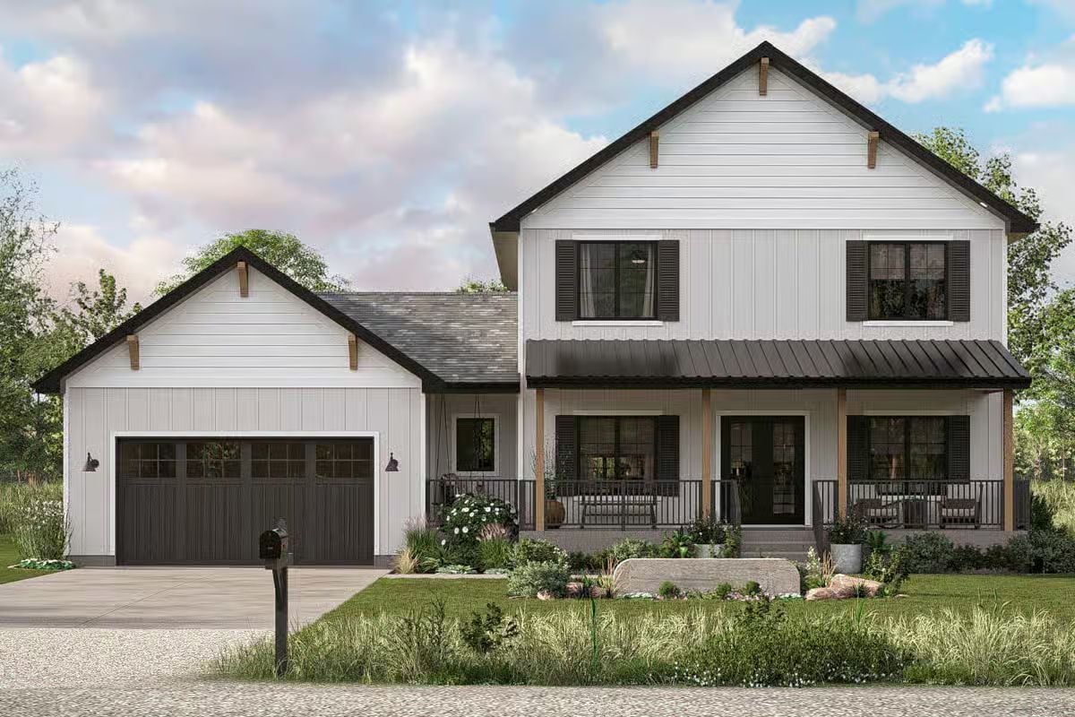 Farmhouse-Style 3-Bedroom Home with Front Porch and Double Garage (Floor Plan)