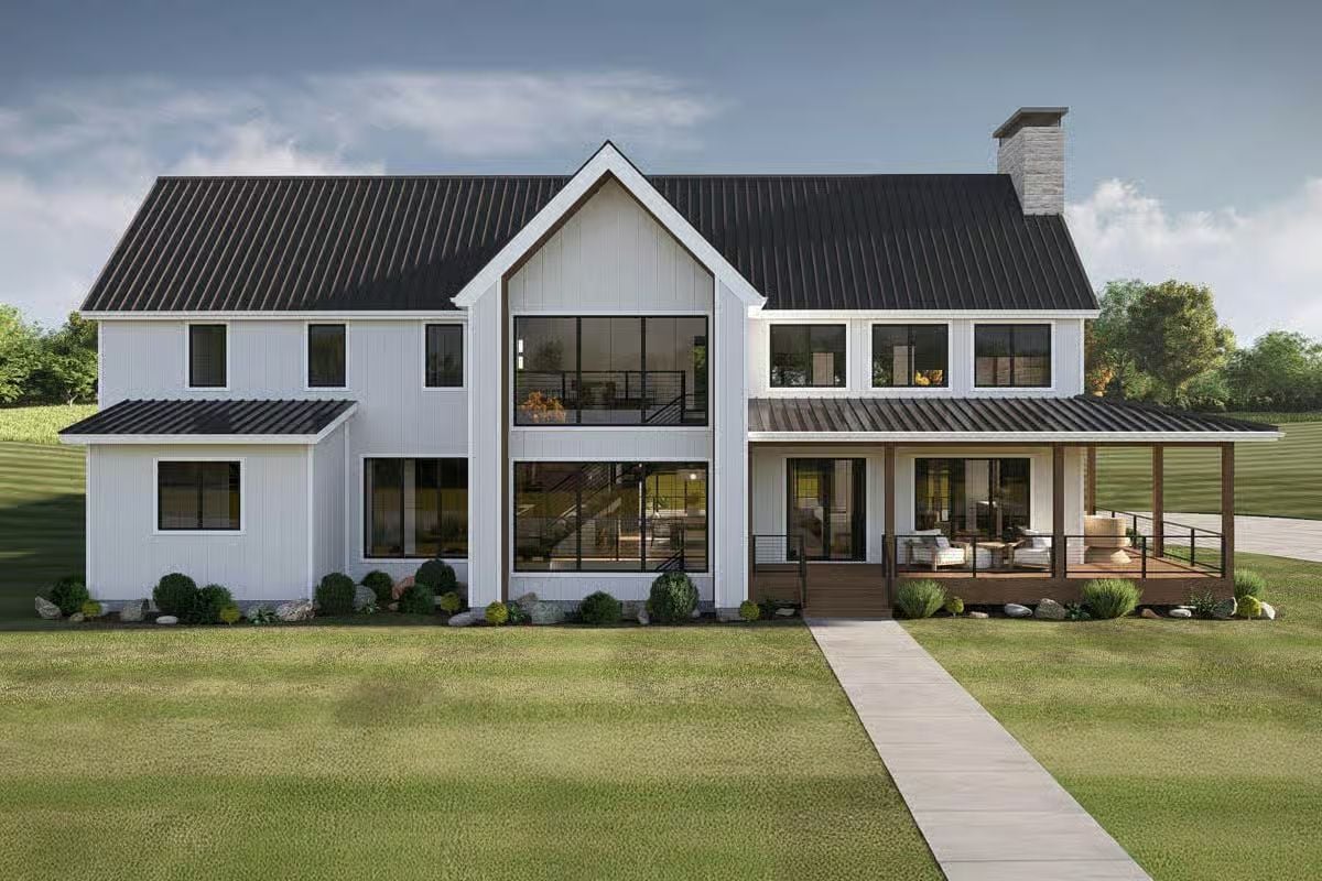 Contemporary-Style 5-Bedroom Barndominium with Loft and Wraparound Deck (Floor Plan)