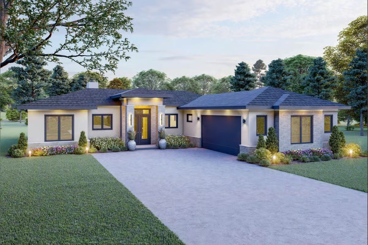 3-Bedroom Contemporary Prairie Home with Open Floor Plan and Courtyard Garage (Floor Plan)