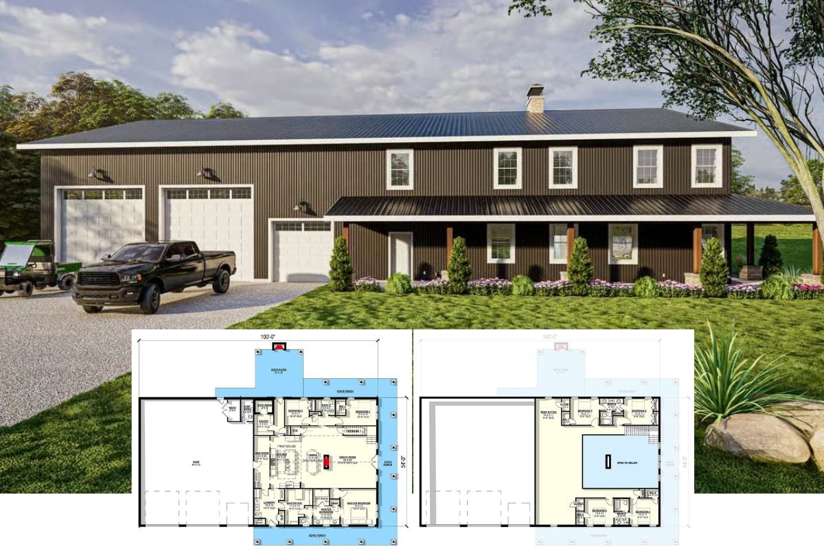 Modern 7-Bedroom Barndominium with Loft, Balcony, and Wraparound Porch (Floor Plan)