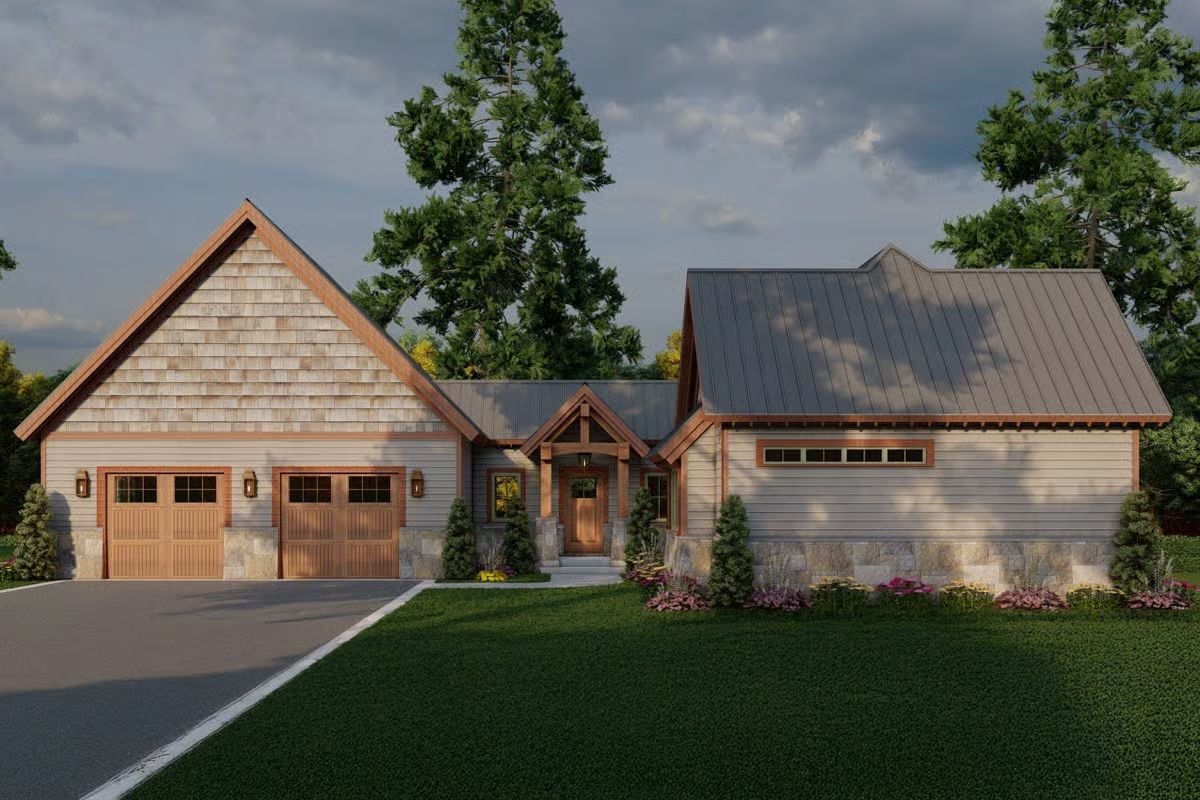Craftsman-Style 1-Bedroom Mountain Ranch with Bonus Space and Double Garage (Floor Plan)
