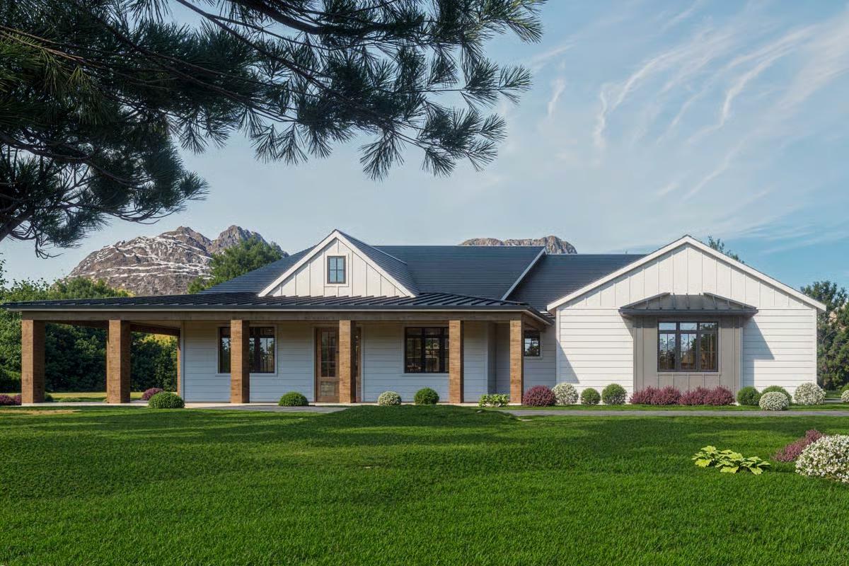 4-Bedroom Modern Farmhouse with Wraparound Porch and Covered Patio (Floor Plan)