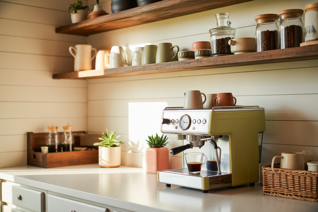 18 Farmhouse Coffee Station Ideas with Vintage Shelving and Mugs
