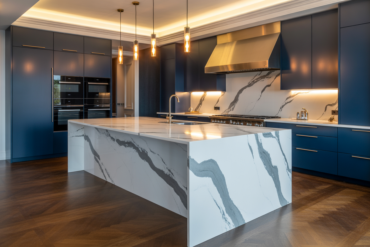 25 Luxury Kitchens Featuring Oversized Waterfall Marble Islands