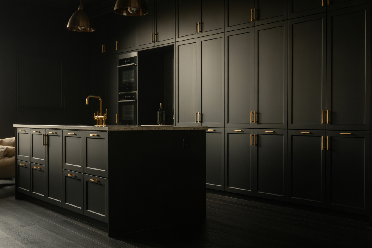 41 Dark Moody Kitchens with Matte Black Cabinets and Brass Hardware