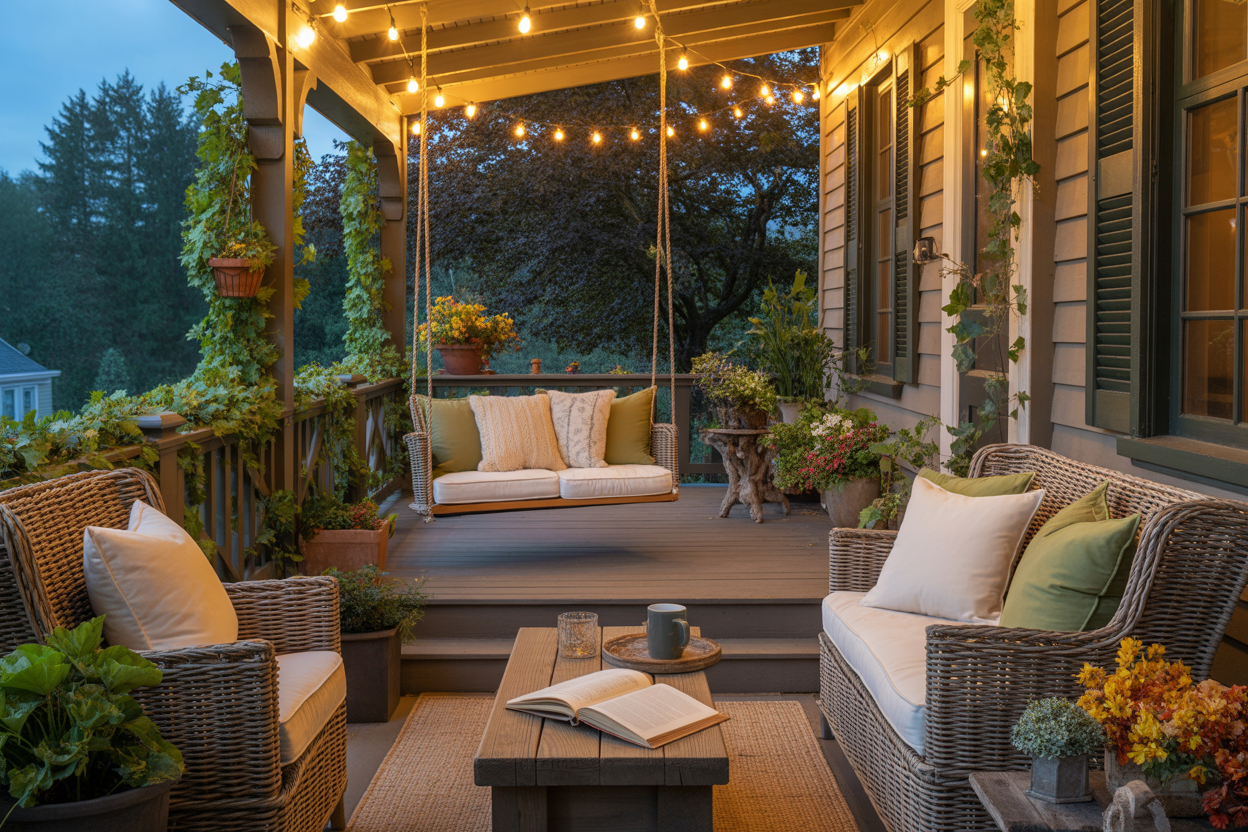 14 Cozy Front Porch Ideas with String Lights and Soft Seating