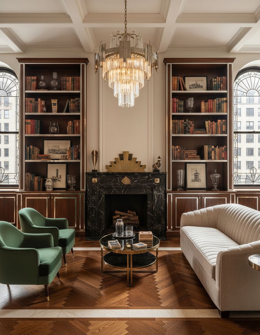 Art Deco Living Room with Glamorous Bookcases