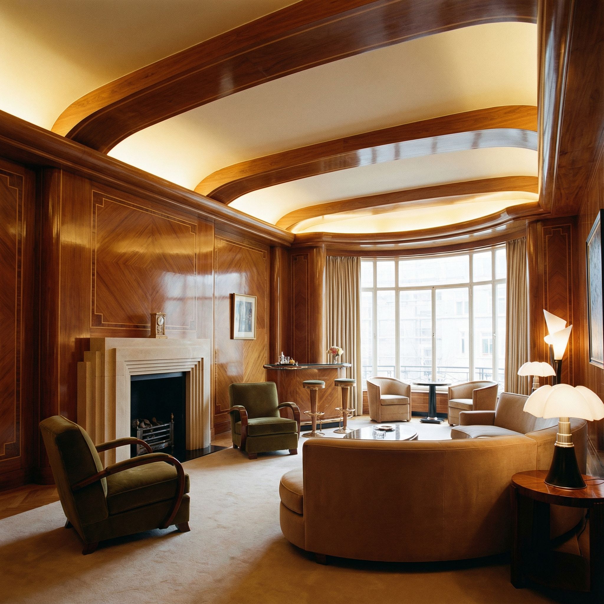 Art Deco Wood Panel Living Room with Streamlined Beam Elements