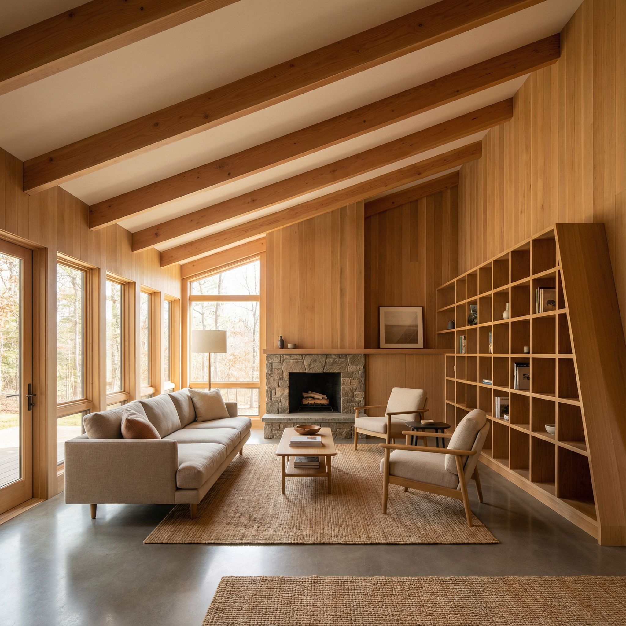 Asymmetric Wood Panelled Living Room with Angled Exposed Beams