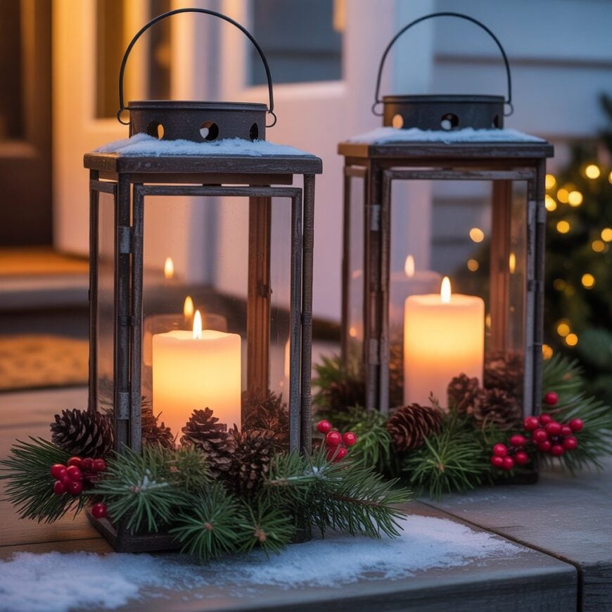 Two lanterns with lit candles sit on a snowy porch, decorated with pine branches, pinecones, and red berries.