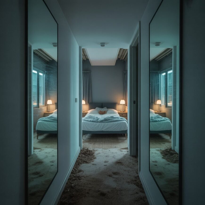 Bedroom viewed through a hallway with large mirrors on both sides and a bed centered at the end of the hall.