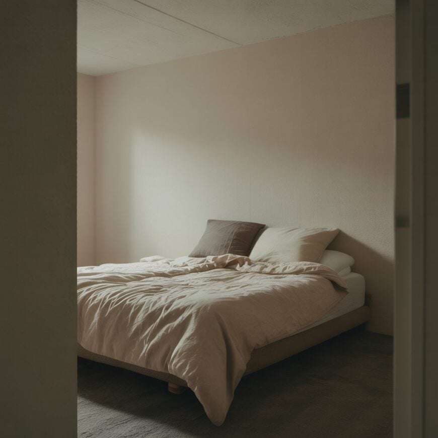Simple bedroom with a low bed, beige bedding, and soft natural light.