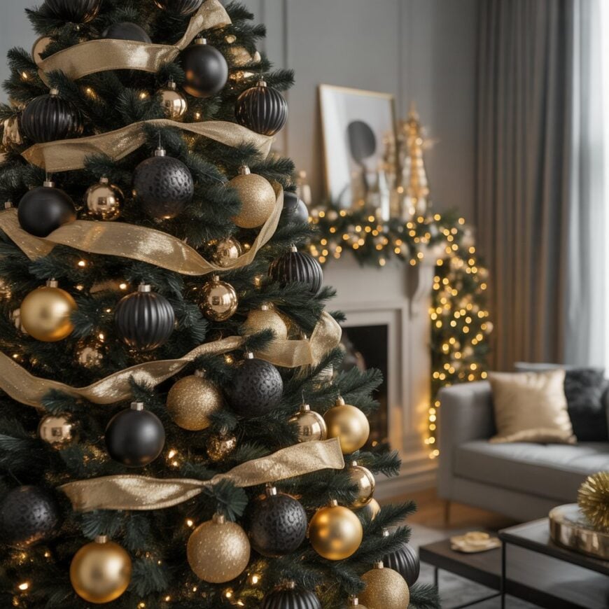 A Christmas tree decorated with black and gold ornaments, gold ribbon, and warm lights in a modern living room.