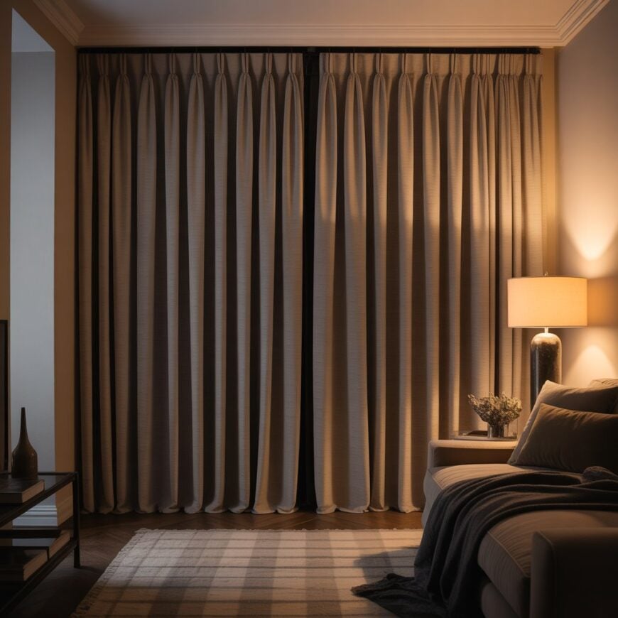 Living room with heavy blackout curtains pulled shut, a sofa with pillows and a throw blanket, and a lit table lamp.
