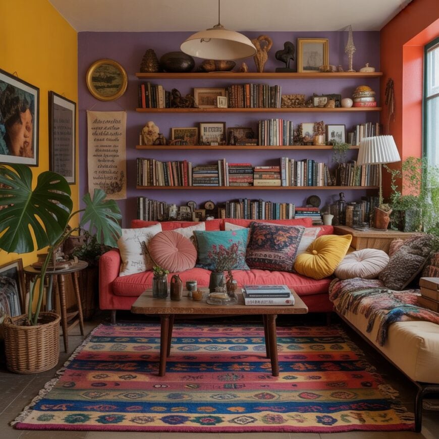 A colorful living room with a pink sofa, patterned pillows, wall-mounted bookshelves filled with books, bright painted walls, plants, and a vibrant patterned rug.